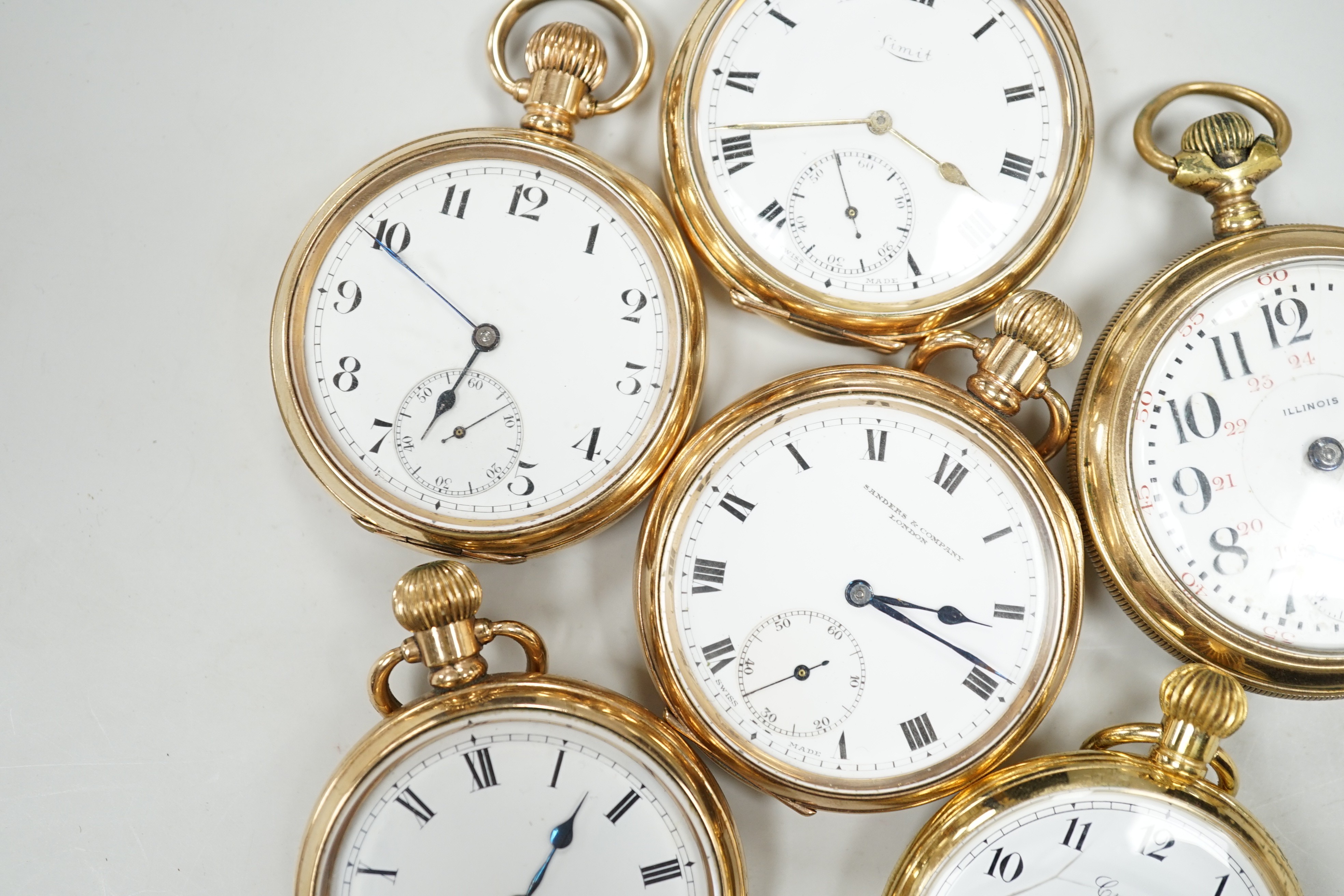 Six assorted gold plated open faces pocket watches, including Limit and Sanders Company.